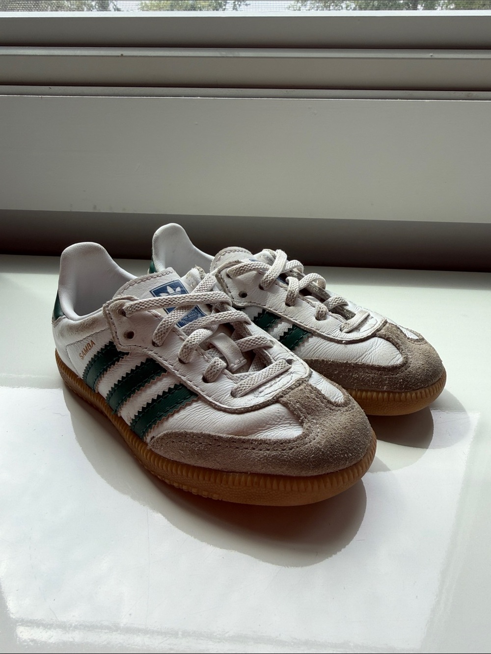 adidas Kids White Sneakers with Green Stripes and Gum Sole